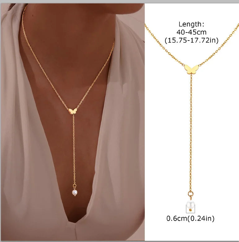 Stainless Steel Lariat Necklace Gold Plated